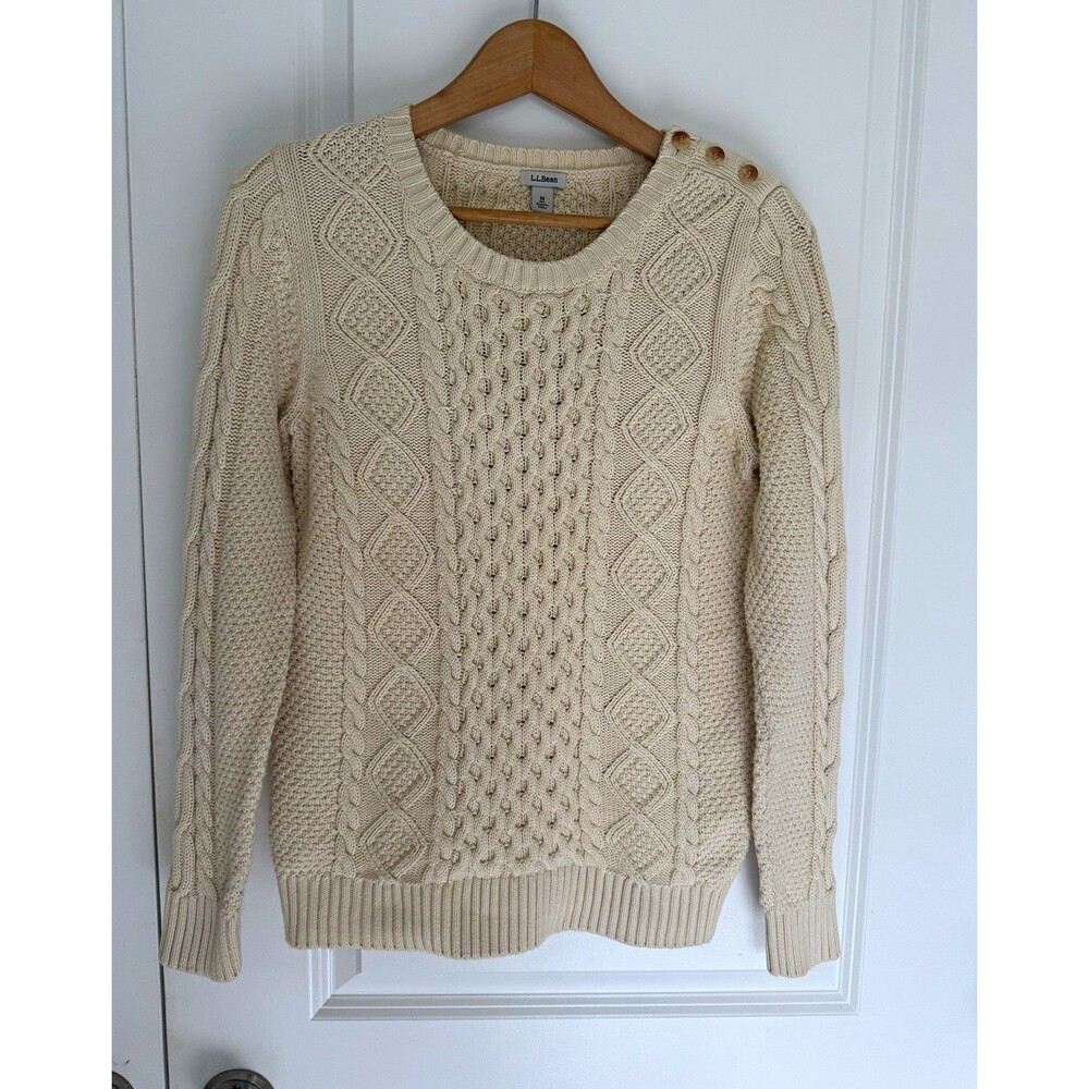 L.L.Bean women’s cream white cotton fisherman sweater medium button shoulder